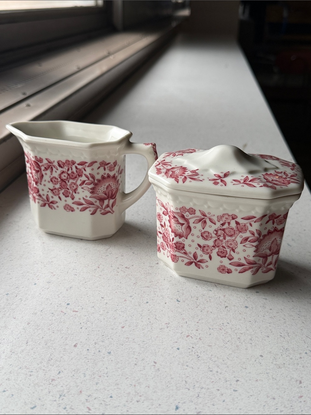 Red Floral Transferware Creamer and Covered Sugar Set